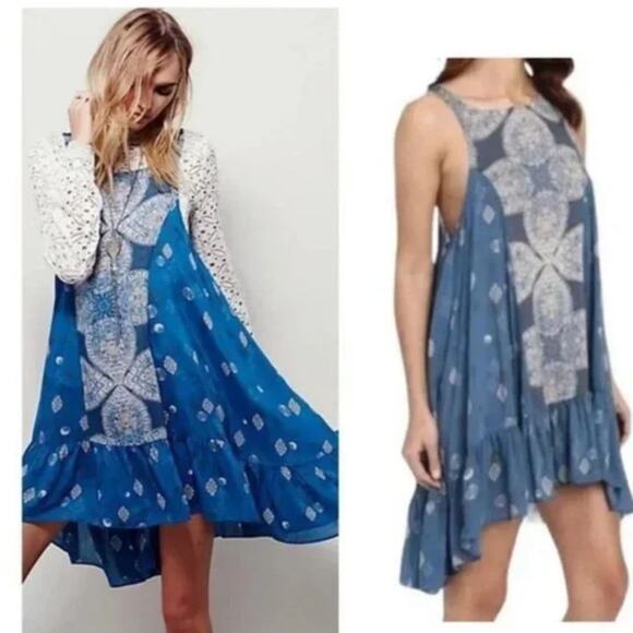 Free People Blue Slip Mini Dress Sleeveless Swing Style Boho High-Low Size S - Picture 1 of 10